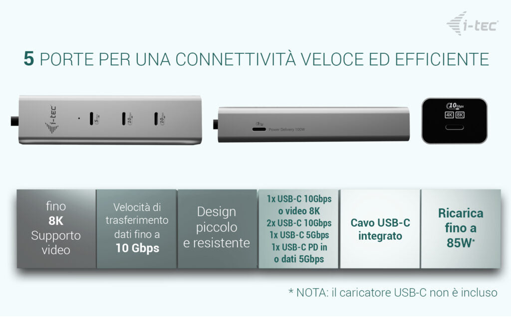 i-tec Metal USB-C Charging HUB 5port with USB-C video 8K + Power Delivery 85W