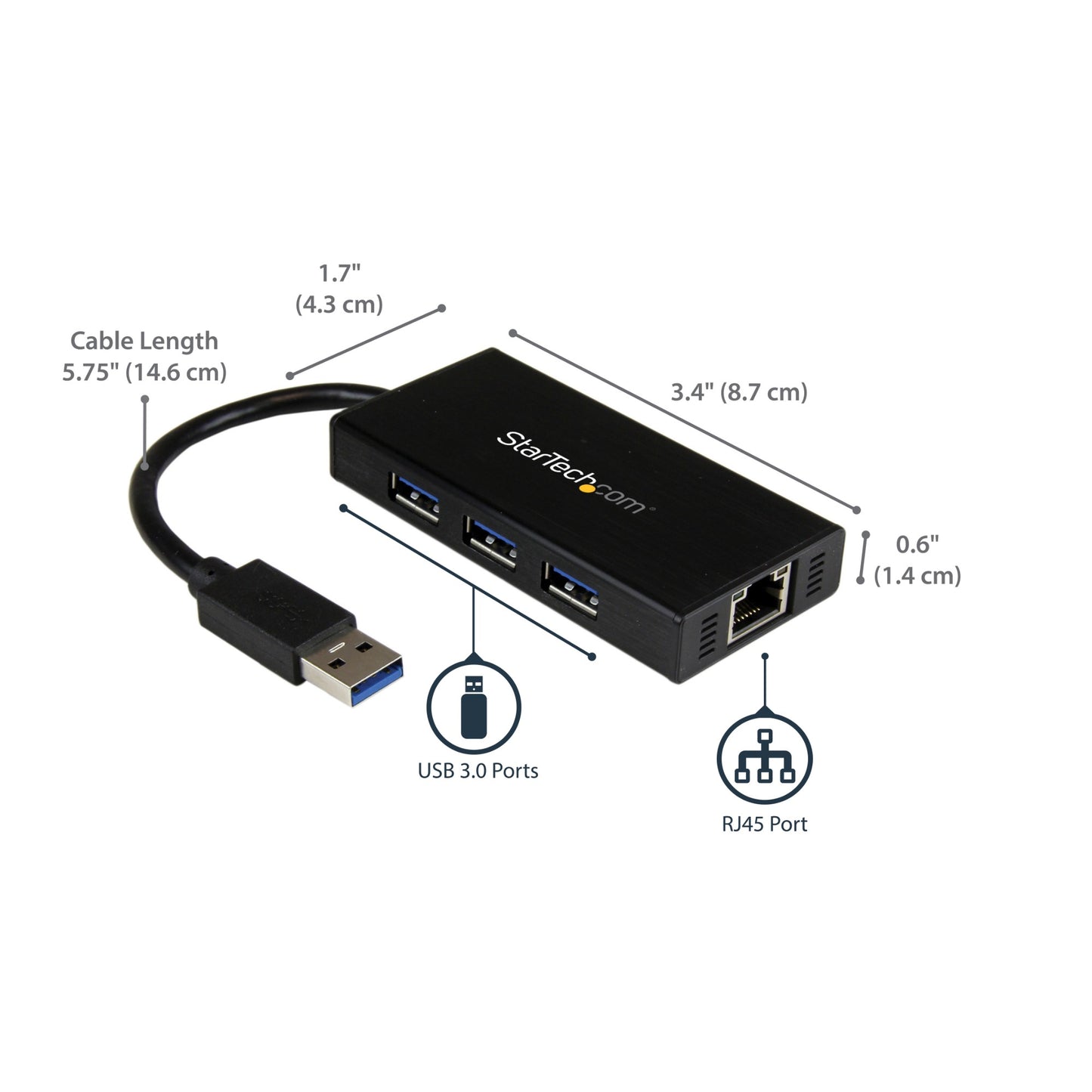 StarTech.com 3-Port Portable USB 3.0 Hub plus Gigabit Ethernet - 5Gbps - Aluminum Network Adapter