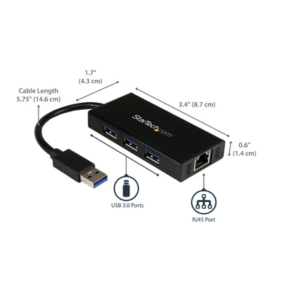 StarTech.com 3-Port Portable USB 3.0 Hub plus Gigabit Ethernet - 5Gbps - Aluminum Network Adapter