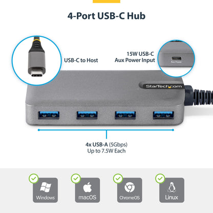 StarTech.com 4-Port USB-C Hub, 5Gbps, Bus Powered, USB C to 4x USB-A Hub with USB-C