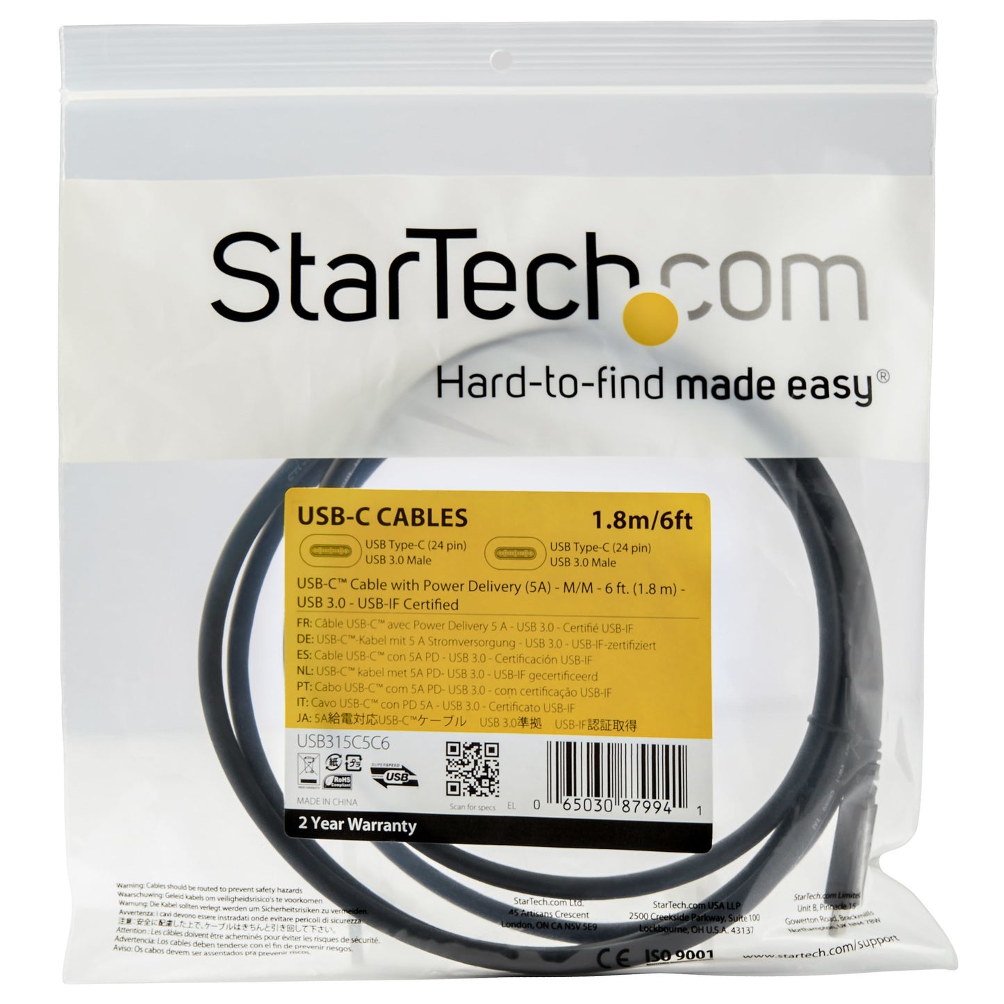 StarTech.com 6ft (1.8m) USB-C Cable, USB 5Gbps, 100W (5A) Power Delivery, Certified