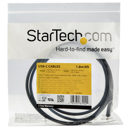 StarTech.com 6ft (1.8m) USB-C Cable, USB 5Gbps, 100W (5A) Power Delivery, Certified