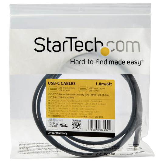 StarTech.com 6ft (1.8m) USB-C Cable, USB 5Gbps, 100W (5A) Power Delivery, Certified
