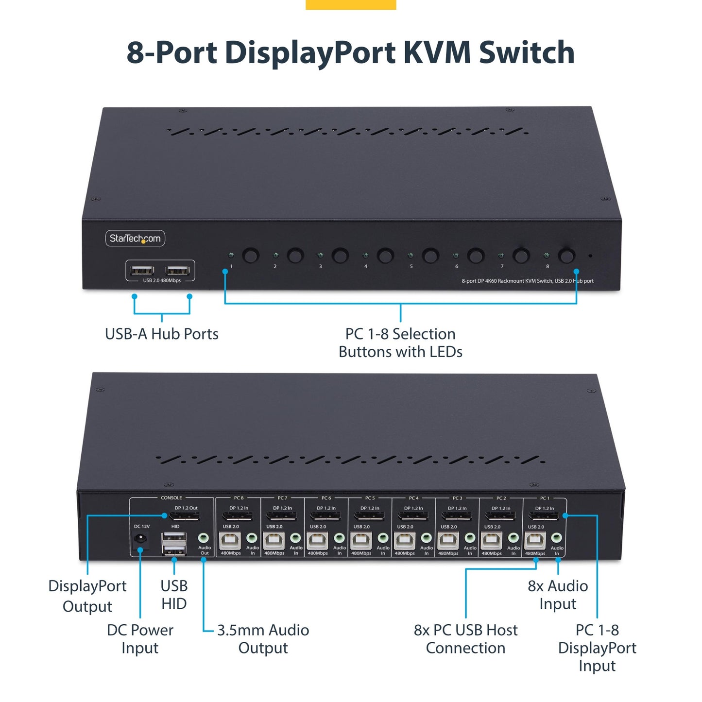 StarTech.com 8-Port DisplayPort KVM Switch with 1U Rack Mount Kit, 4K 60Hz DP 1.2
