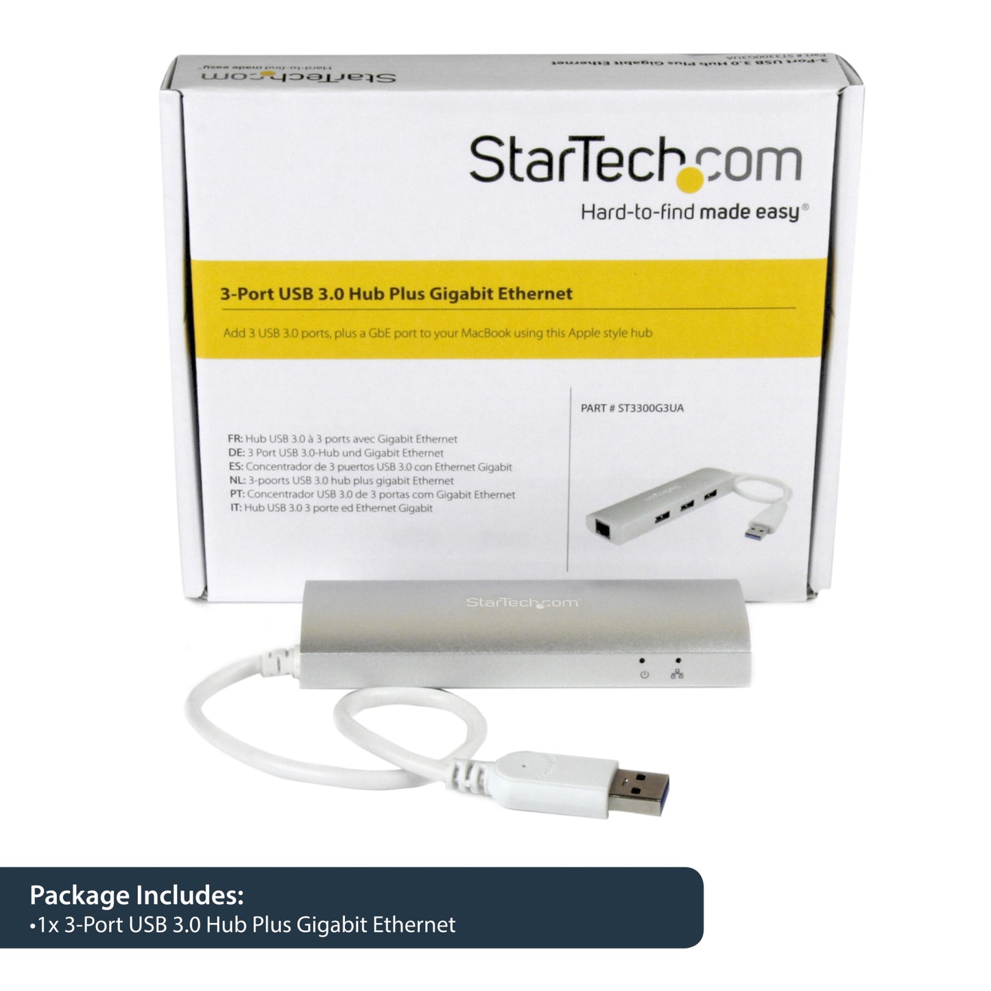 StarTech.com 3-Port USB Hub with Ethernet, USB-A Ports, Gigabit Ethernet/GbE, USB Network Adapter