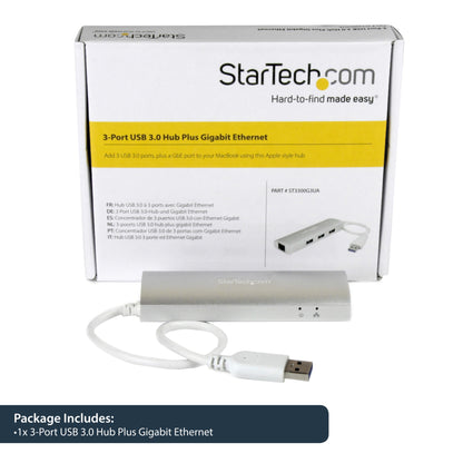 StarTech.com 3-Port USB Hub with Ethernet, USB-A Ports, Gigabit Ethernet/GbE, USB Network Adapter