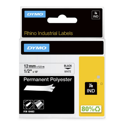 DYMO Rhino Industrial Permanent Polyester Labels | 12 mm x 5.5 m | Black Print on
