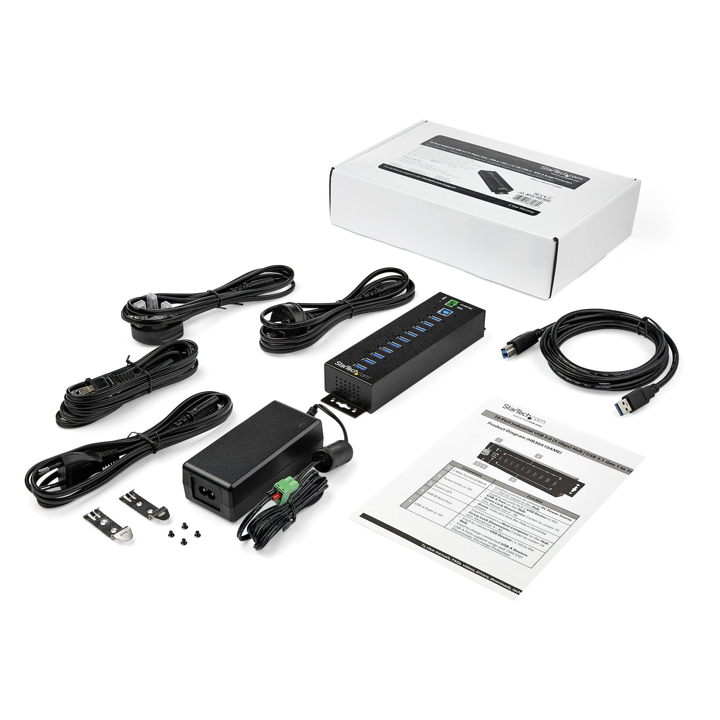 StarTech.com 10-Port USB 3.0 Hub with Power Adapter - Metal Industrial USB-A Hub
