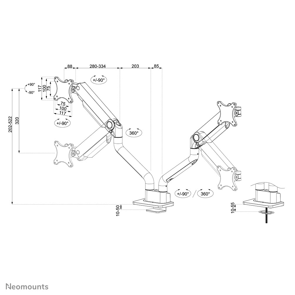 Neomounts DS70S-950BL2 Monitor arm 17-35" - gas spring - Topfix - 180°-stop