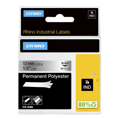 DYMO Rhino Industrial Permanent Polyester Labels | 12mm x 5.5m | Black Print on