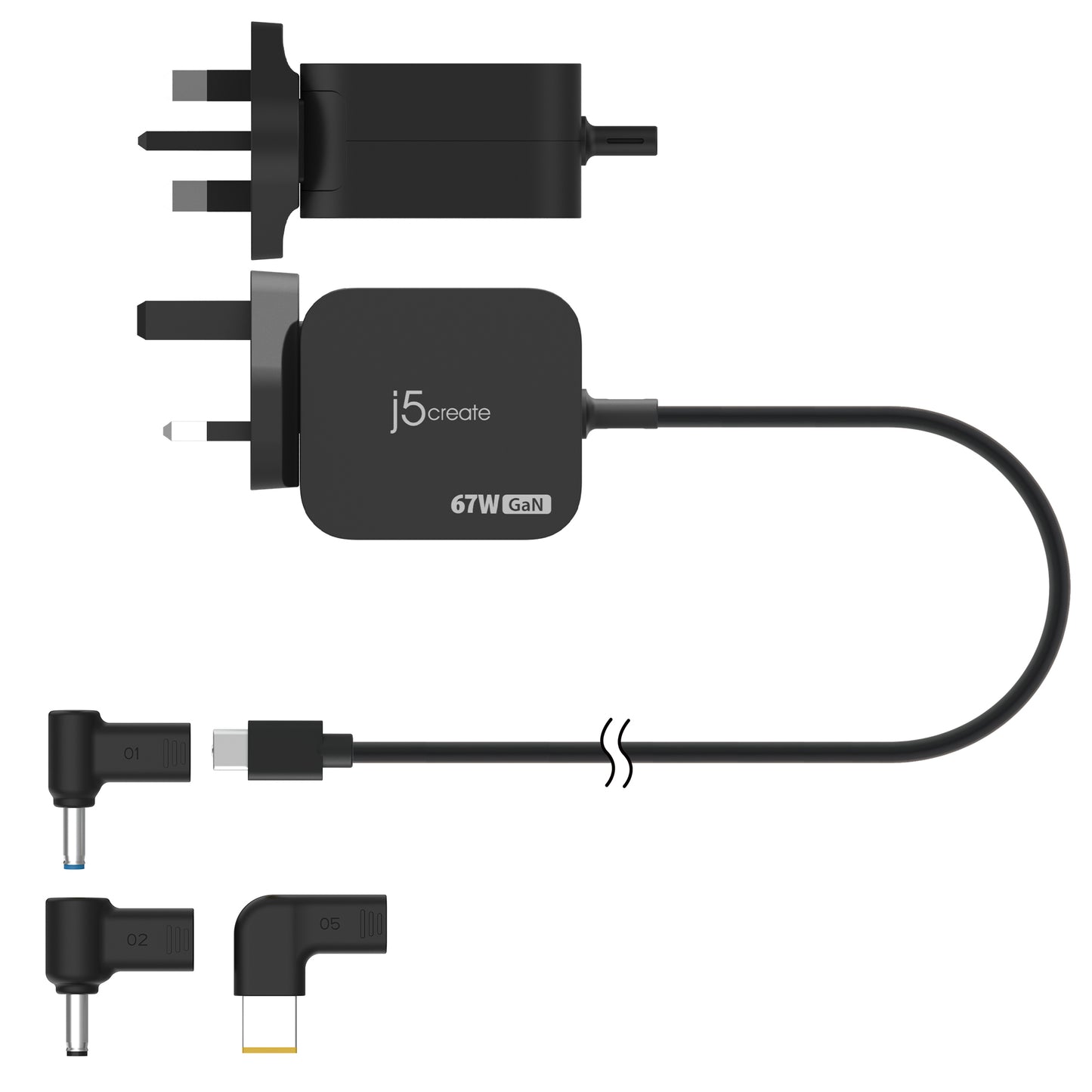j5create JUP1565DCF3A-FN 67W GaN PD USB-C® Mini Charger with 3 Types of DC Connector