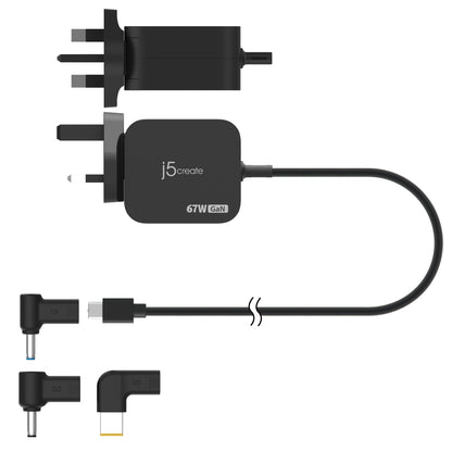 j5create JUP1565DCF3A-FN 67W GaN PD USB-C® Mini Charger with 3 Types of DC Connector