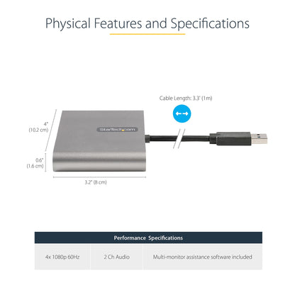StarTech.com USB 3.0 to Quad HDMI Adapter, USB to 4x HDMI Monitor Converter for Hub