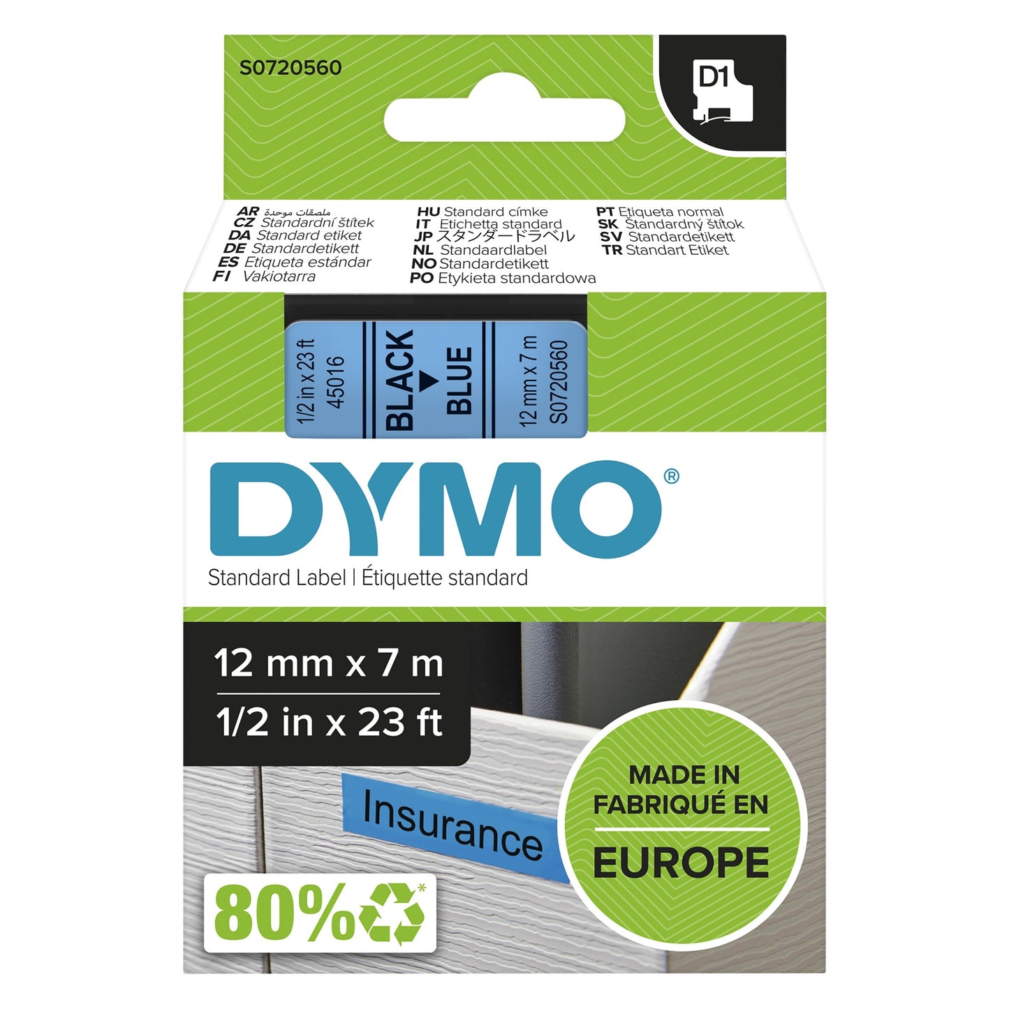 DYMO 45016/S0720560 DirectLabel-etikettes black on blue 12mm x 7m for Dymo D1 Labels