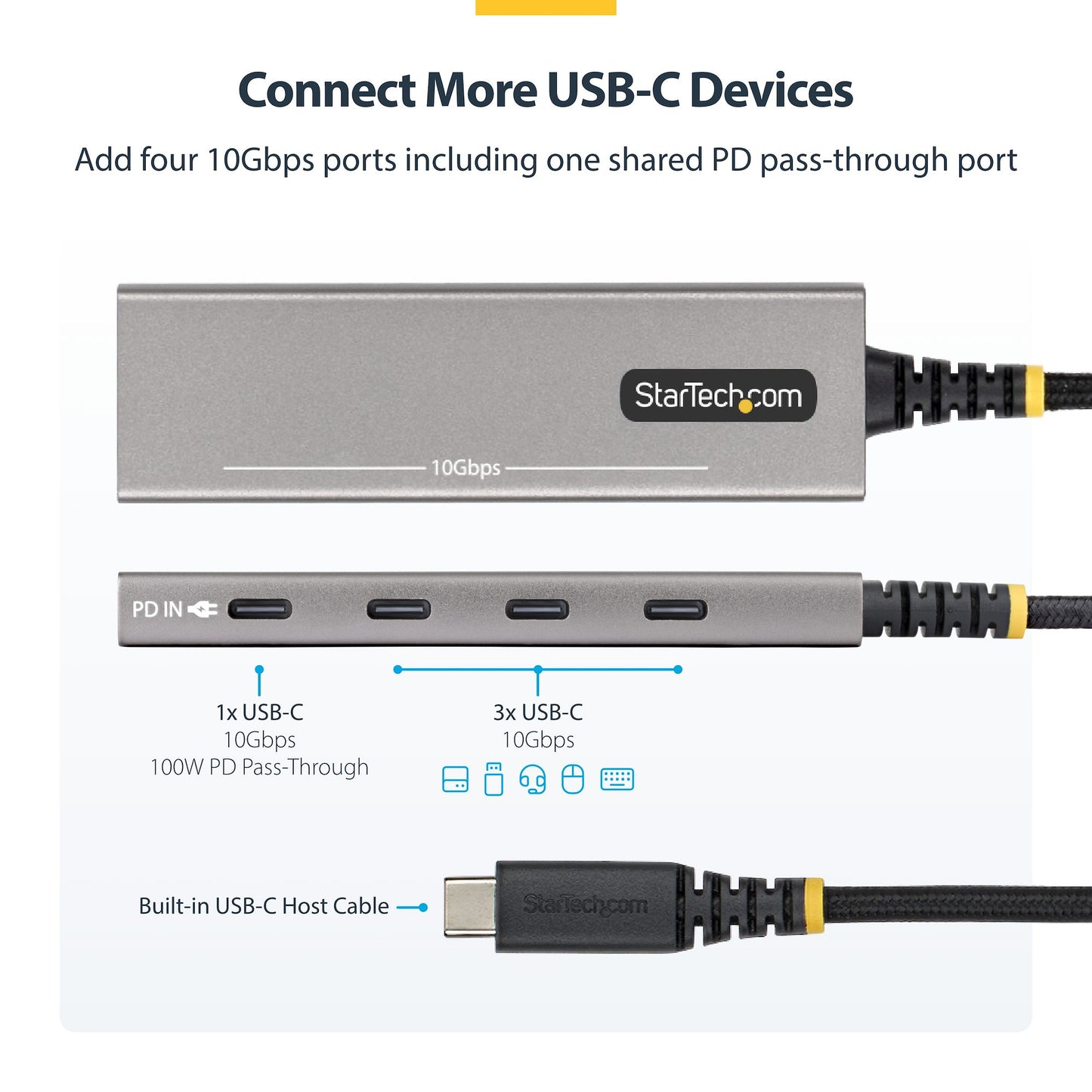 StarTech.com 4-Port USB-C Hub, 10Gbps, 100W PD Charging, 4x USB-C Ports, Overcurrent