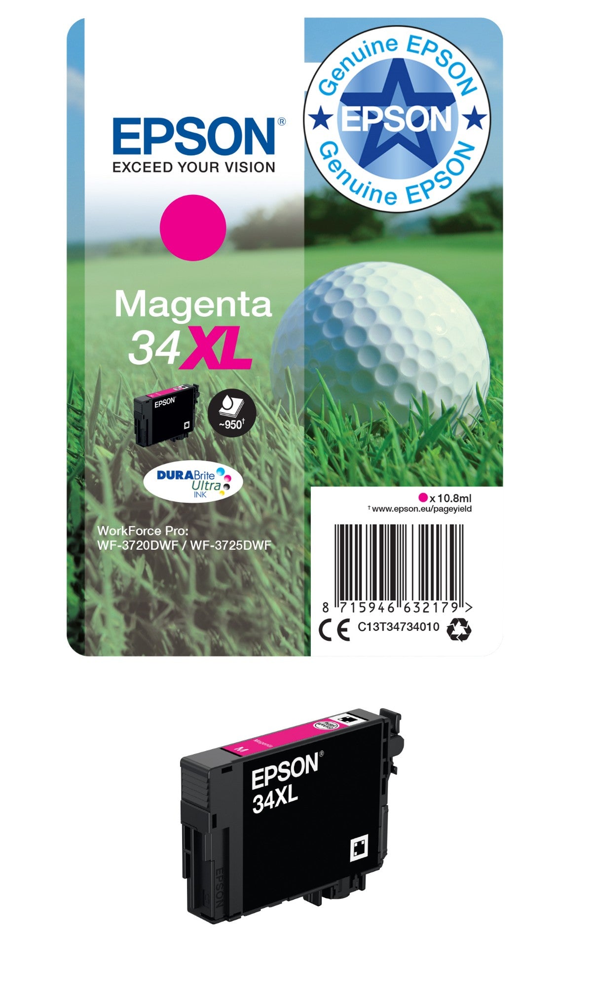 Epson C13T34734010/34XL Magenta Ink Cartridge (950 pages, Epson WF-3720)