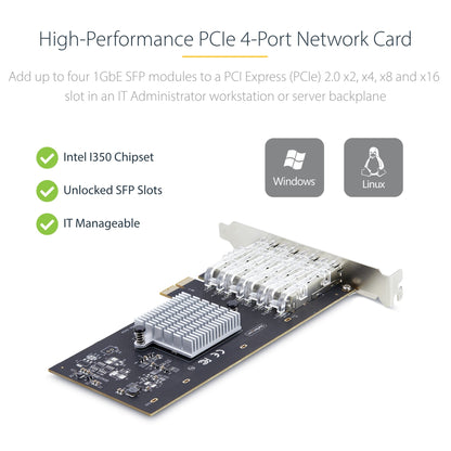 StarTech.com 4-Port GbE SFP Network Card, PCIe 2.0 x2 (x4, x8, x16 Compatible) Network Adapter