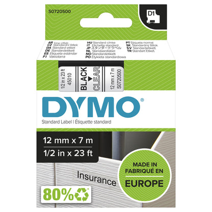 DYMO 45010/S0720500 DirectLabel-etikettes black on Transparent 12mm x 7m for Dymo D1 Labels