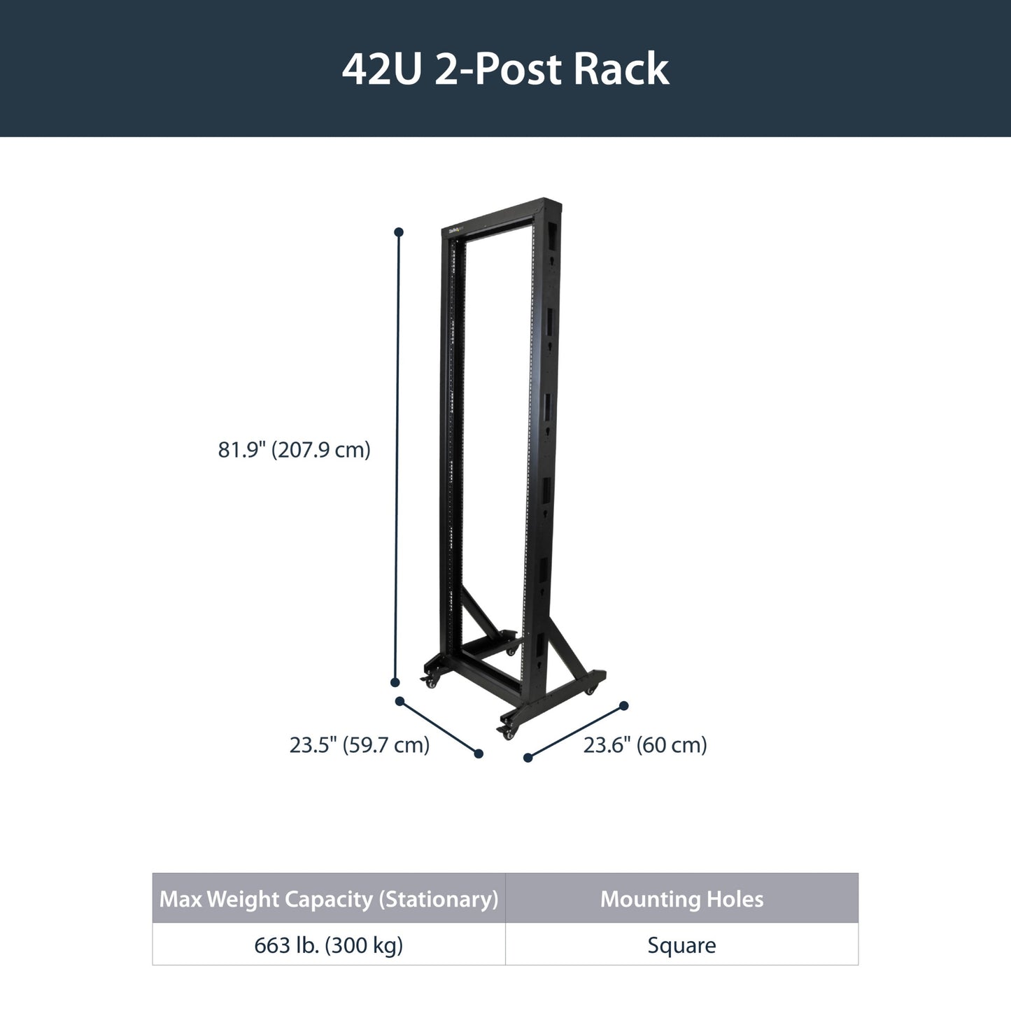 StarTech.com 42U 2-Post Open Frame Server Rack, 19in Rolling IT Rack with 661lb