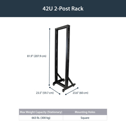 StarTech.com 42U 2-Post Open Frame Server Rack, 19in Rolling IT Rack with 661lb