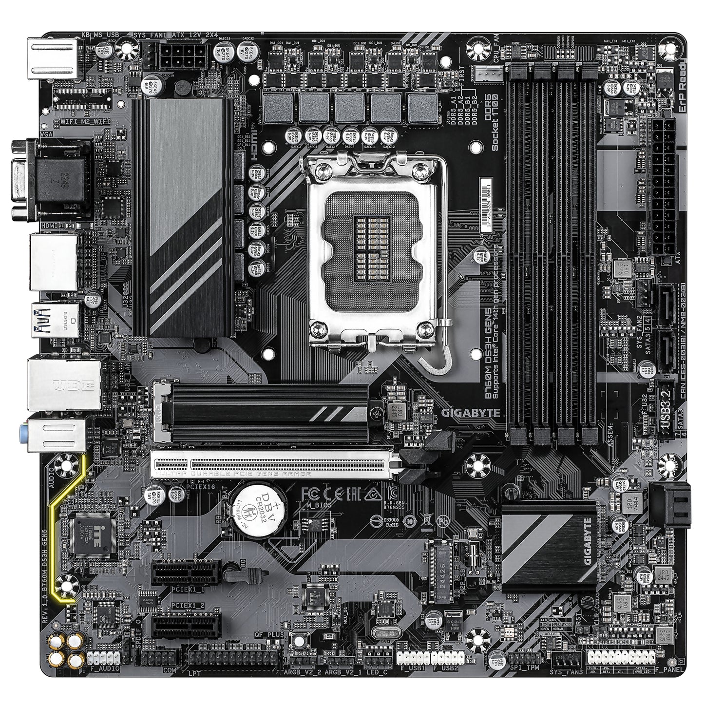 Gigabyte B760M DS3H GEN5 Motherboard - Supports Intel Core 14th Gen CPUs, 6+2+1