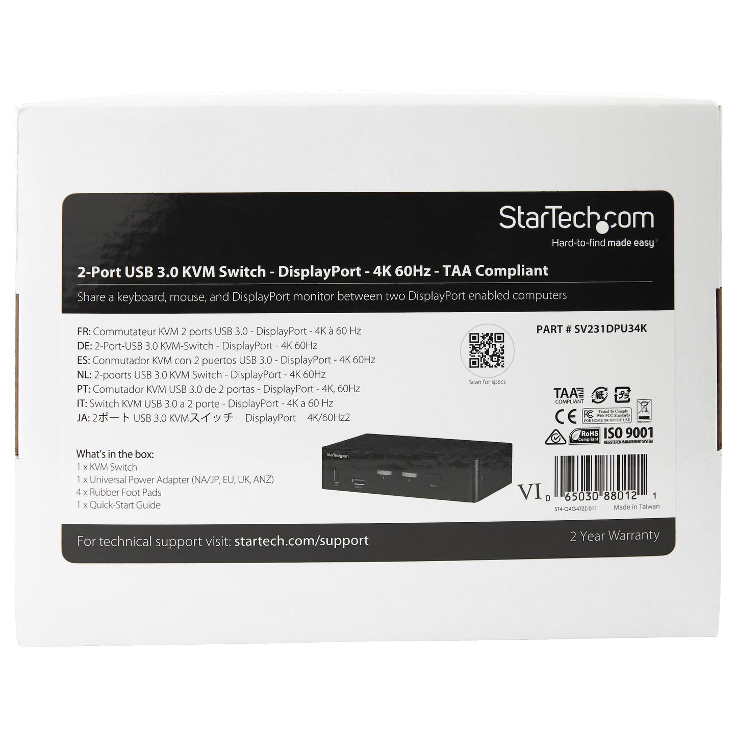 StarTech.com 2 Port DisplayPort KVM Switch - 4K 60Hz - Single Display - Dual Port