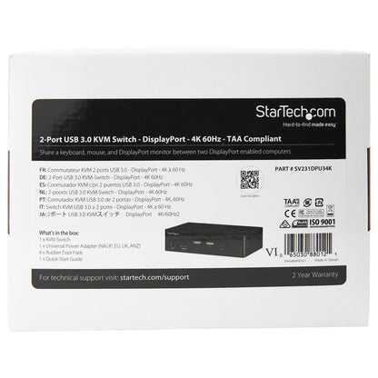 StarTech.com 2 Port DisplayPort KVM Switch - 4K 60Hz - Single Display - Dual Port