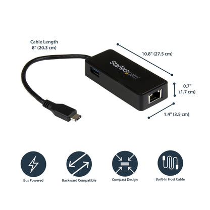 StarTech.com USB-C to Gigabit Network Adapter with Extra USB 3.0 Port - Black