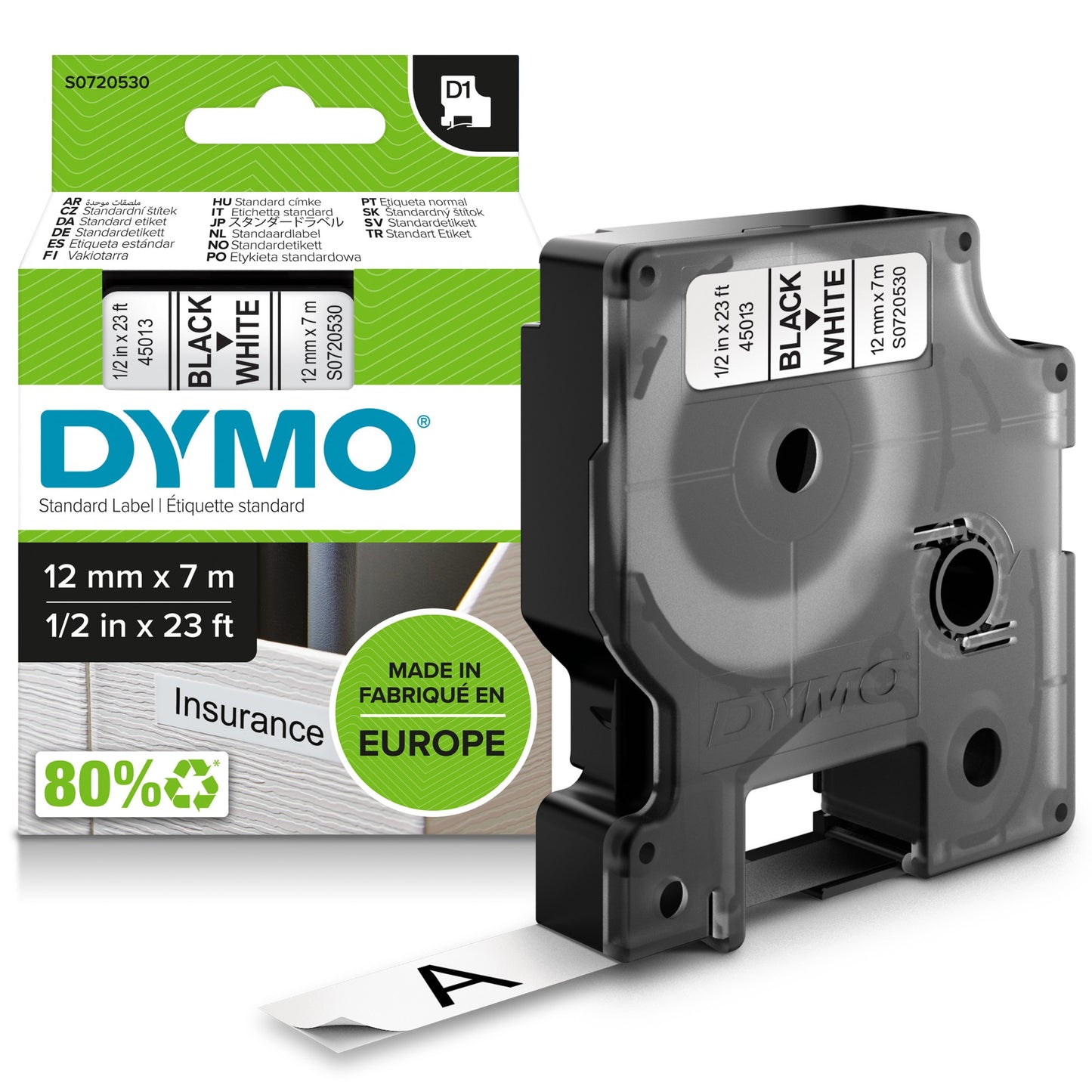 DYMO 45013/S0720530 DirectLabel-etikettes black on white 12mm x 7m for Dymo D1 Labels