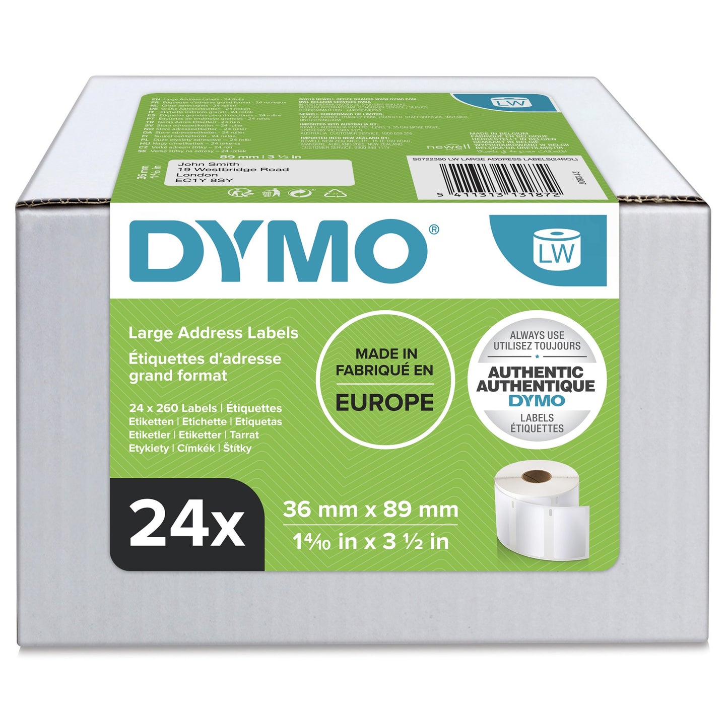 DYMO 13187/S0722390 DirectLabel-etikettes white 36mm x 89mm Pack=24 for Dymo LW 550 Labels