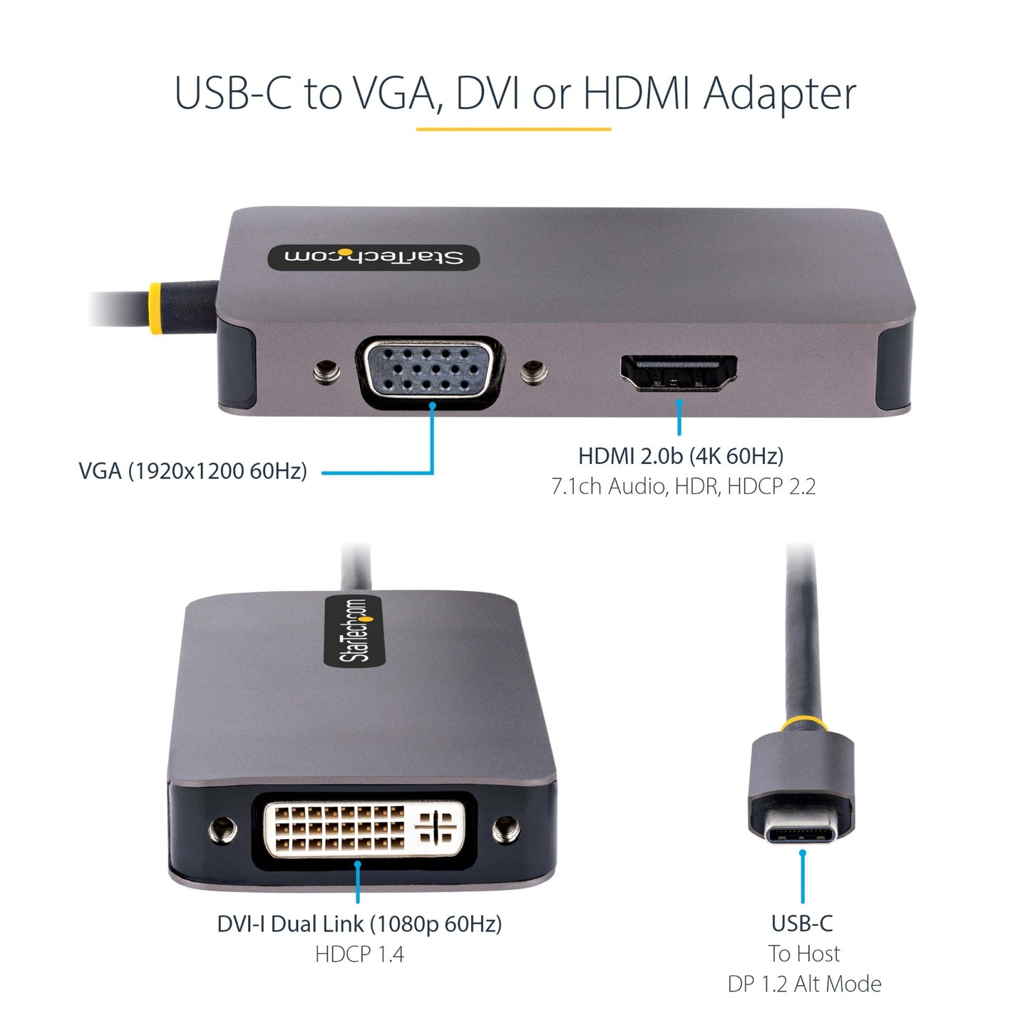 StarTech.com USB C Video Adapter, USB C to HDMI DVI VGA Adapter, Up to 4K 60Hz Hub