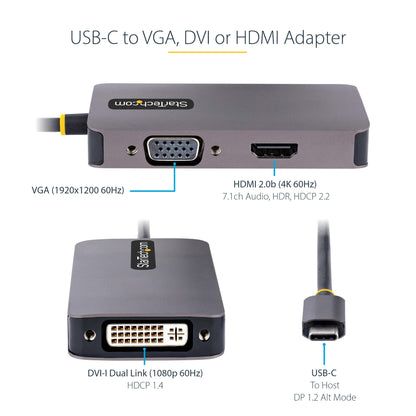 StarTech.com USB C Video Adapter, USB C to HDMI DVI VGA Adapter, Up to 4K 60Hz Hub