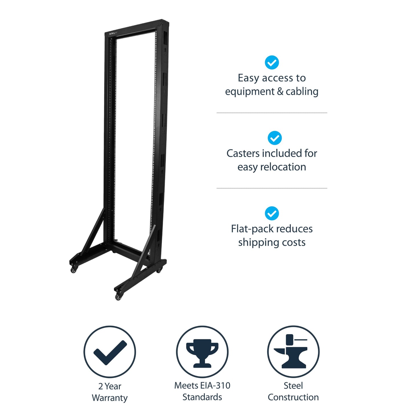 StarTech.com 42U 2-Post Open Frame Server Rack, 19in Rolling IT Rack with 661lb