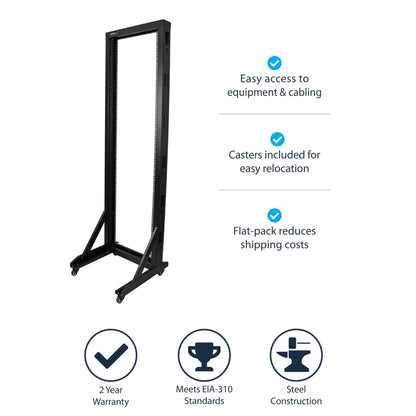 StarTech.com 42U 2-Post Open Frame Server Rack, 19in Rolling IT Rack with 661lb