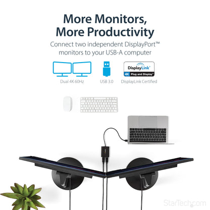 StarTech.com USB 3.0 to Dual DisplayPort Adapter, 4K 60Hz, DisplayLink Certified Hub