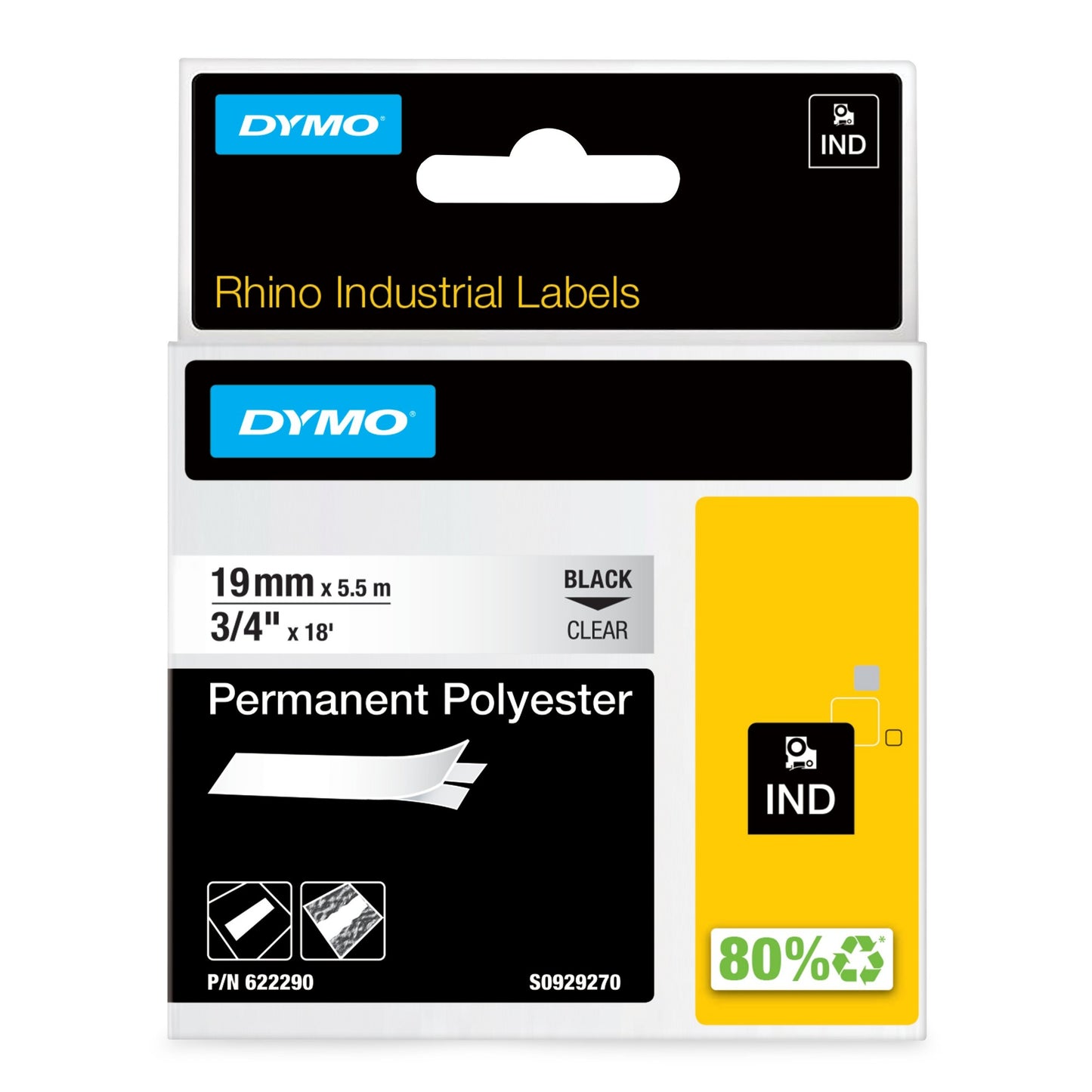 DYMO 622290 Ribbon POLYESTER<PERMANENT> <SCHWARZ><AUF><TRANSPARENT> 19mm x 5,5m for Labels