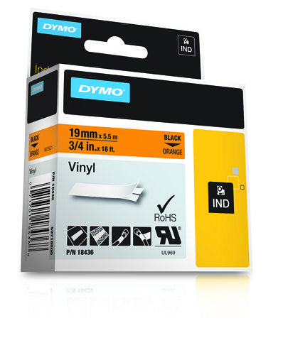 DYMO 18436/S0718500 Ribbon Vinyl black on orange 19mm x 5,5m for Dymo Rhino Labels
