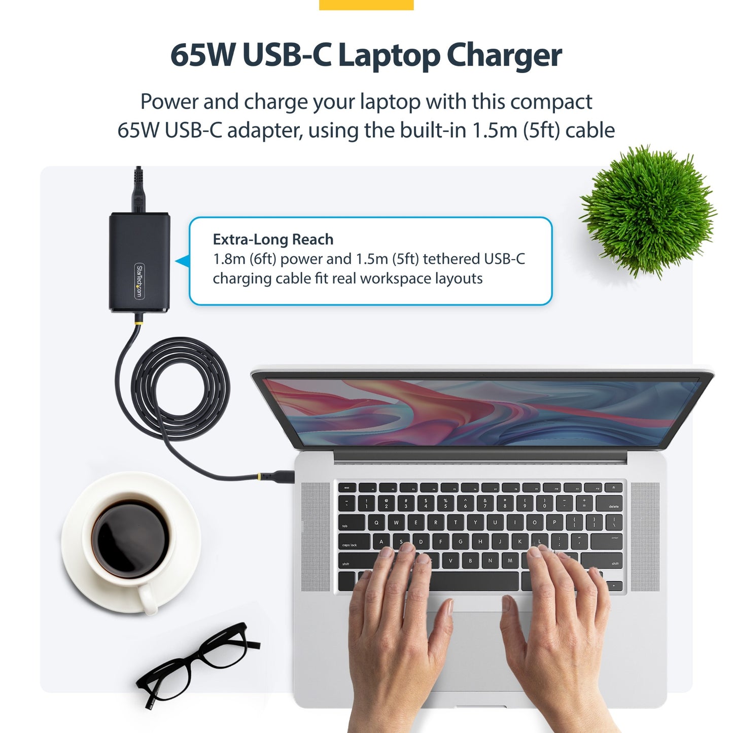StarTech.com 65W USB-C Laptop Charger, 1.5m Tethered USB-C Cable, Power Adapter