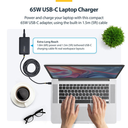 StarTech.com 65W USB-C Laptop Charger, 1.5m Tethered USB-C Cable, Power Adapter