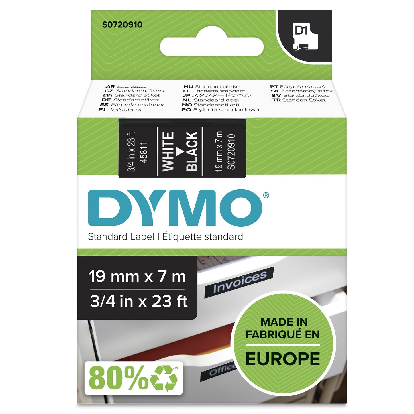 DYMO 45811/S0720910 DirectLabel-etikettes white on black 19mm x 7m for Dymo D1 Labels