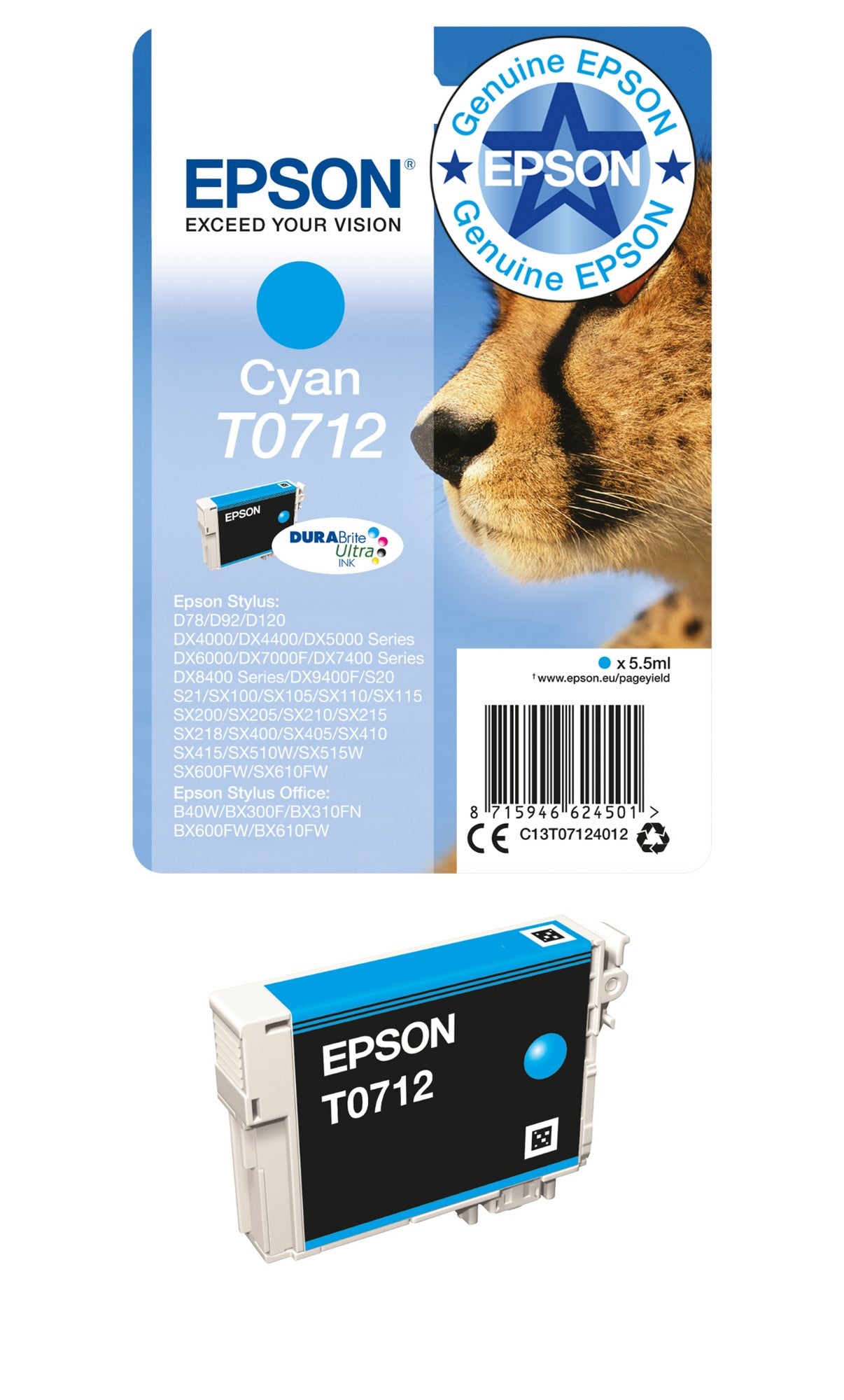 Epson C13T07124012/T0712 Cyan Ink Cartridge (345 pages)