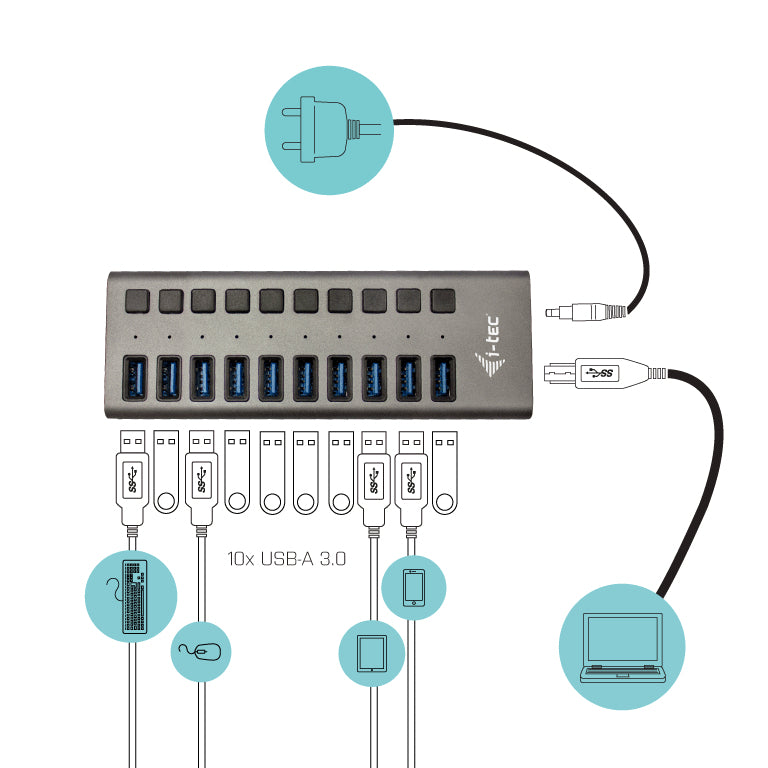 i-tec USB 3.0 Charging HUB 10 port + Power Adapter 48 W Charger