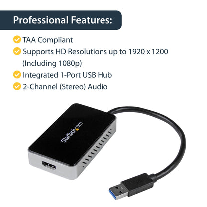 StarTech.com USB 3.0 to HDMI Adapter w/ 1x USB, USB to HDMI Monitor Converter for Hub