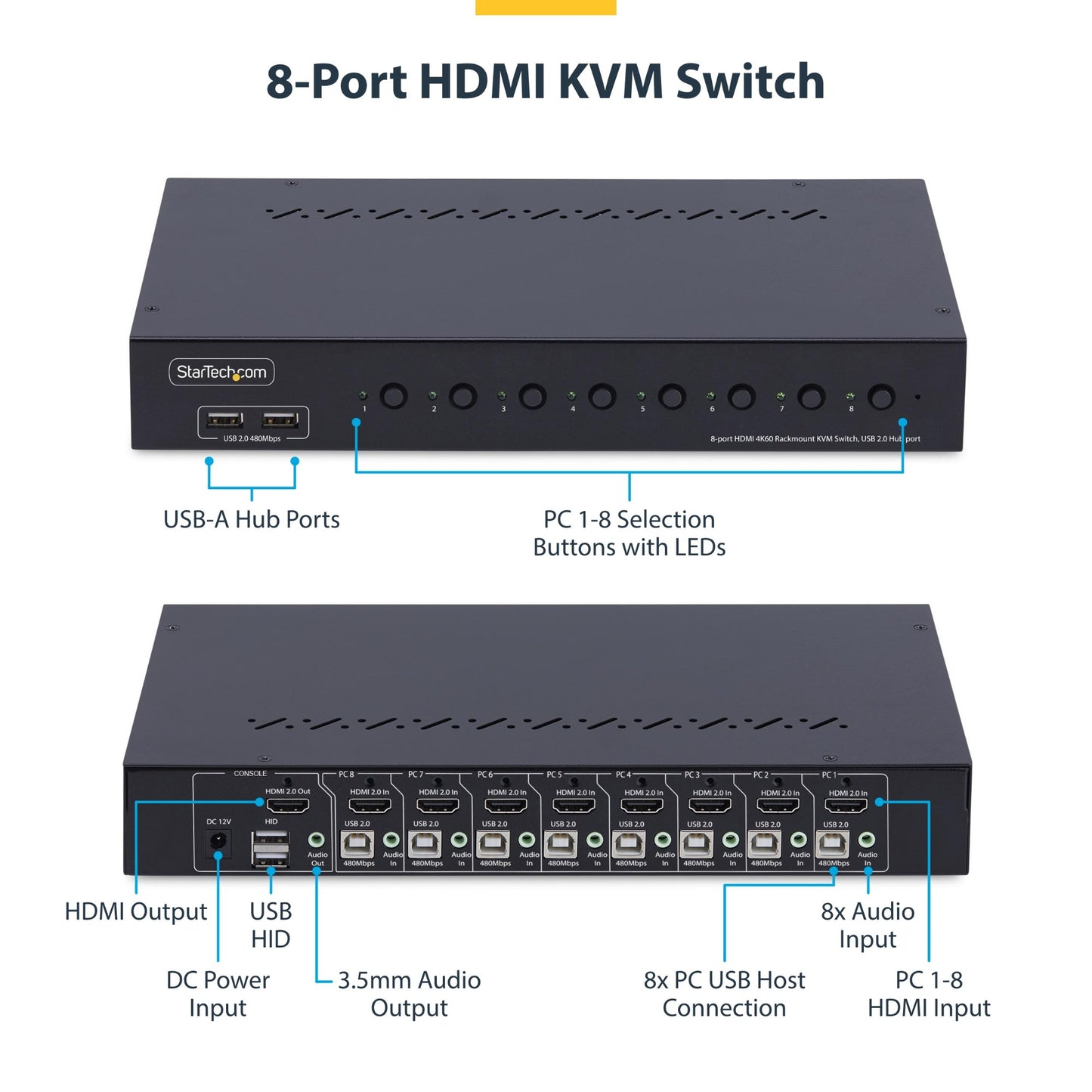 StarTech.com 8-Port HDMI KVM Switch with 1U Rack Mount Kit, 4K 60Hz HDMI 2.0