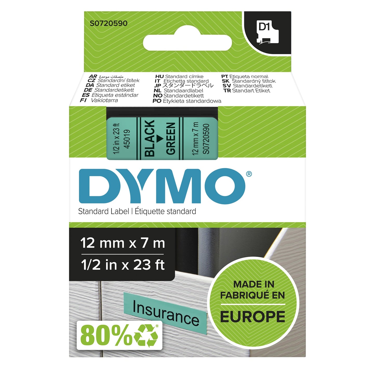DYMO 45019/S0720590 DirectLabel-etikettes black on green 12mm x 7m for Dymo D1 Labels