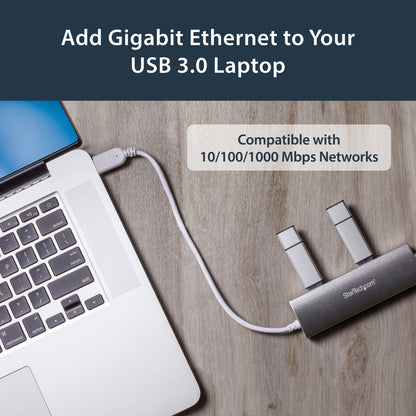 StarTech.com 3-Port USB Hub with Ethernet, USB-A Ports, Gigabit Ethernet/GbE, USB Network Adapter