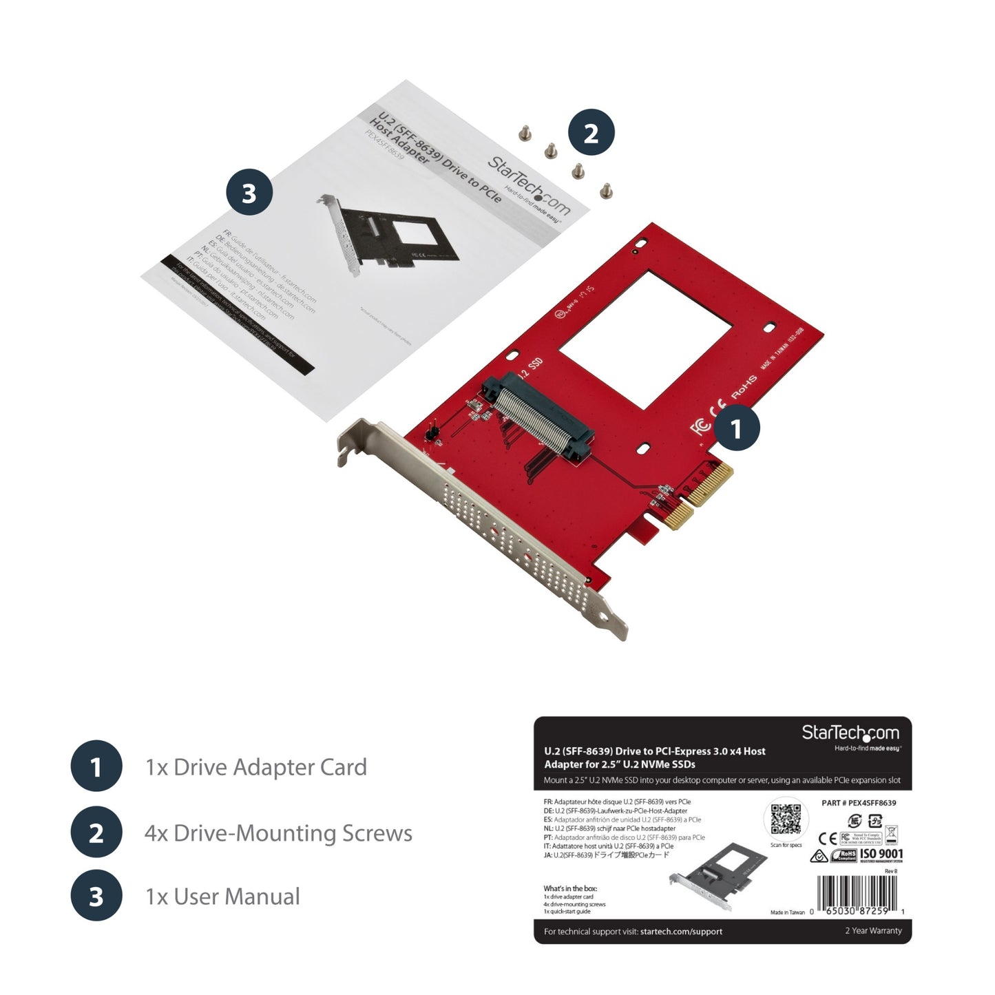StarTech.com U.2 to PCIe Adapter for 2.5" U.2 NVMe SSD - SFF-8639 - x4 PCI Express Hub