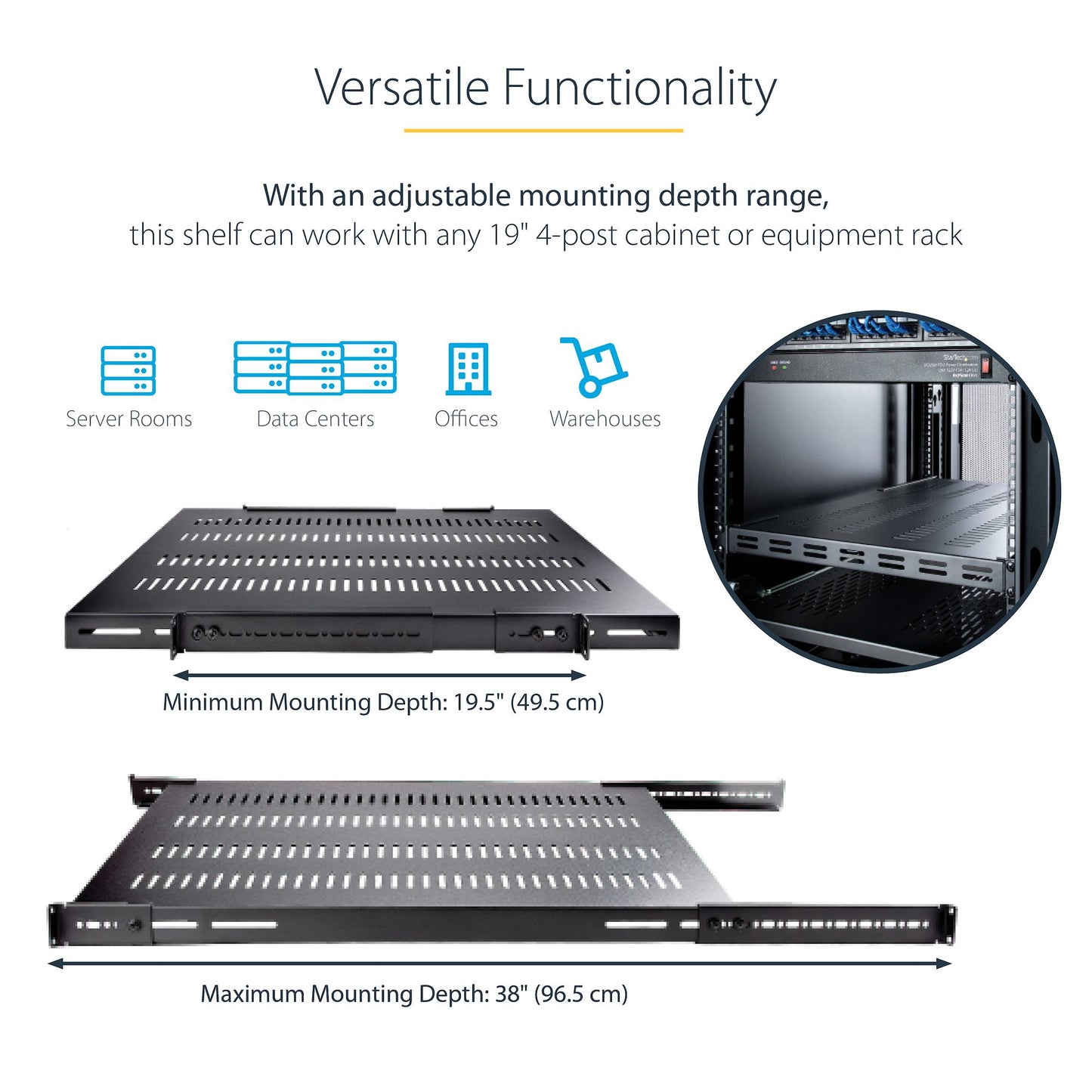 StarTech.com 1U 4-Post Adjustable Vented Server Rack Mount Shelf - 330lbs(150 kg)