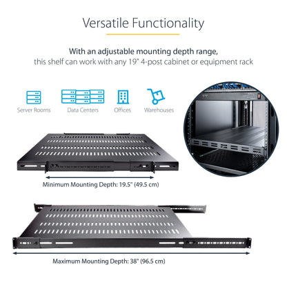 StarTech.com 1U 4-Post Adjustable Vented Server Rack Mount Shelf - 330lbs(150 kg)