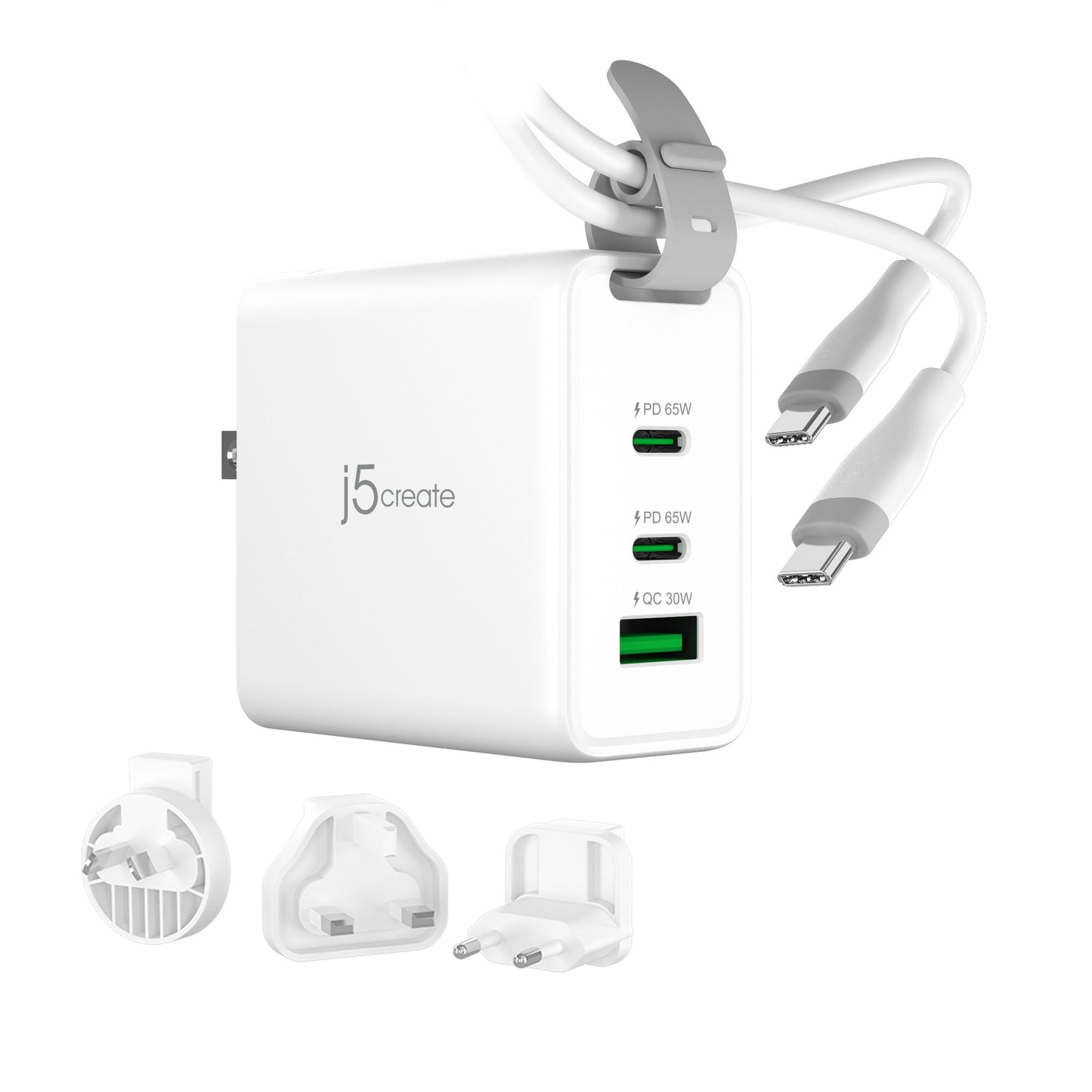 j5create 65W GaN USB-C 3-Port Traveler Charger with changeable AC plugs and USB-C